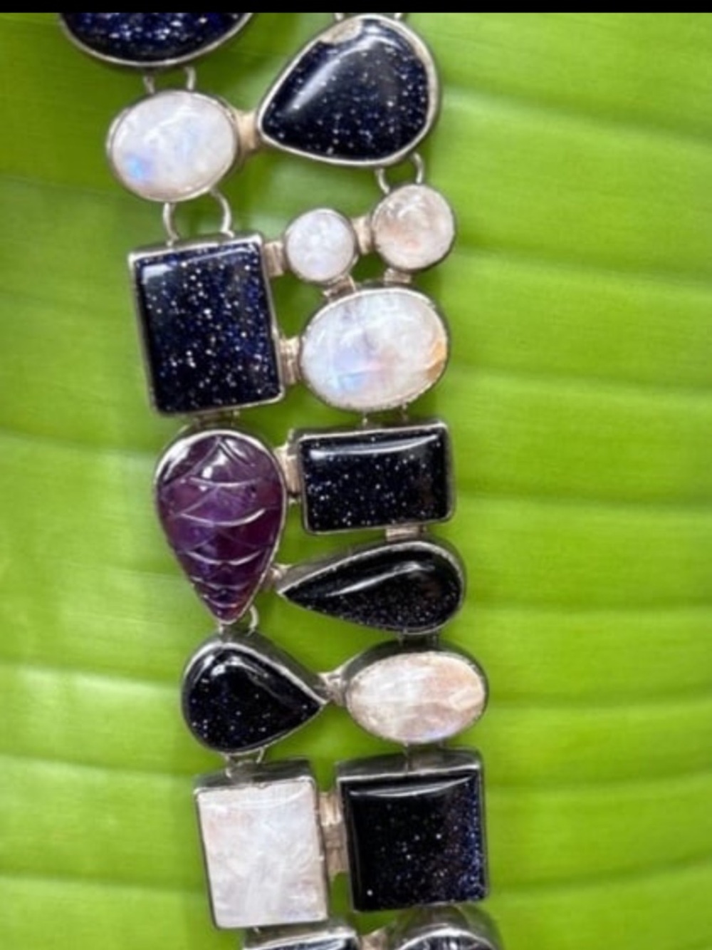 Vintage sterling silver oversized moonstone amethyst blue blood stone bracelet